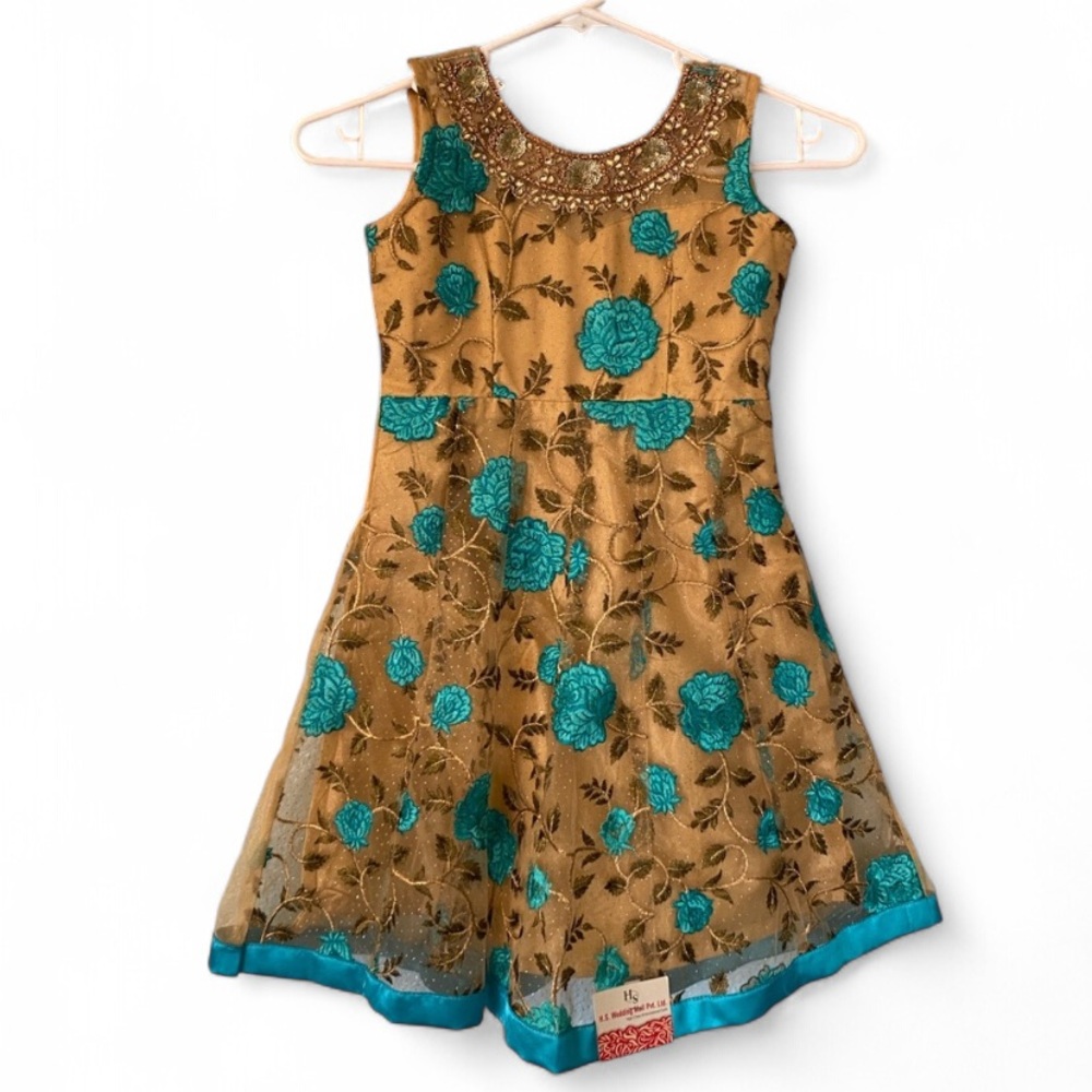 Indian Floral Embroidered Little Girls Dress With Gem Stitching 100% Silk